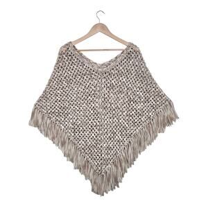 Handmade Knit Poncho Fringe Taupe Ivory Boho Open Knit Festival Coastal Cowgirl